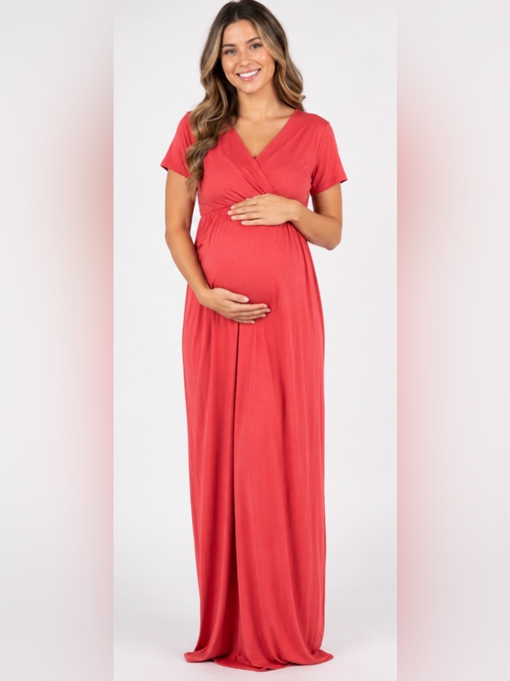 Mother Bee Maternity Papaya Coral Red Wrap-Front Maxi Dress Size Small